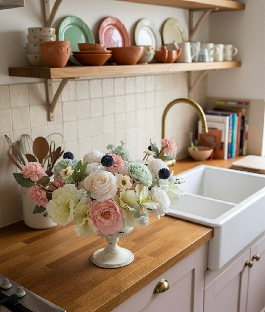 Kitchen counter with floral arrangement, wooden shelves, and kitchen utensils.