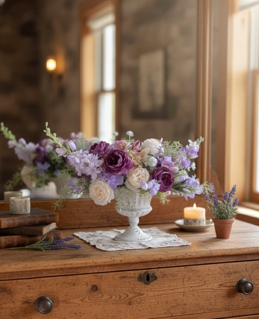 Floral arrangement in a decorative vase on a wooden surface with candles and a mirror in the background.