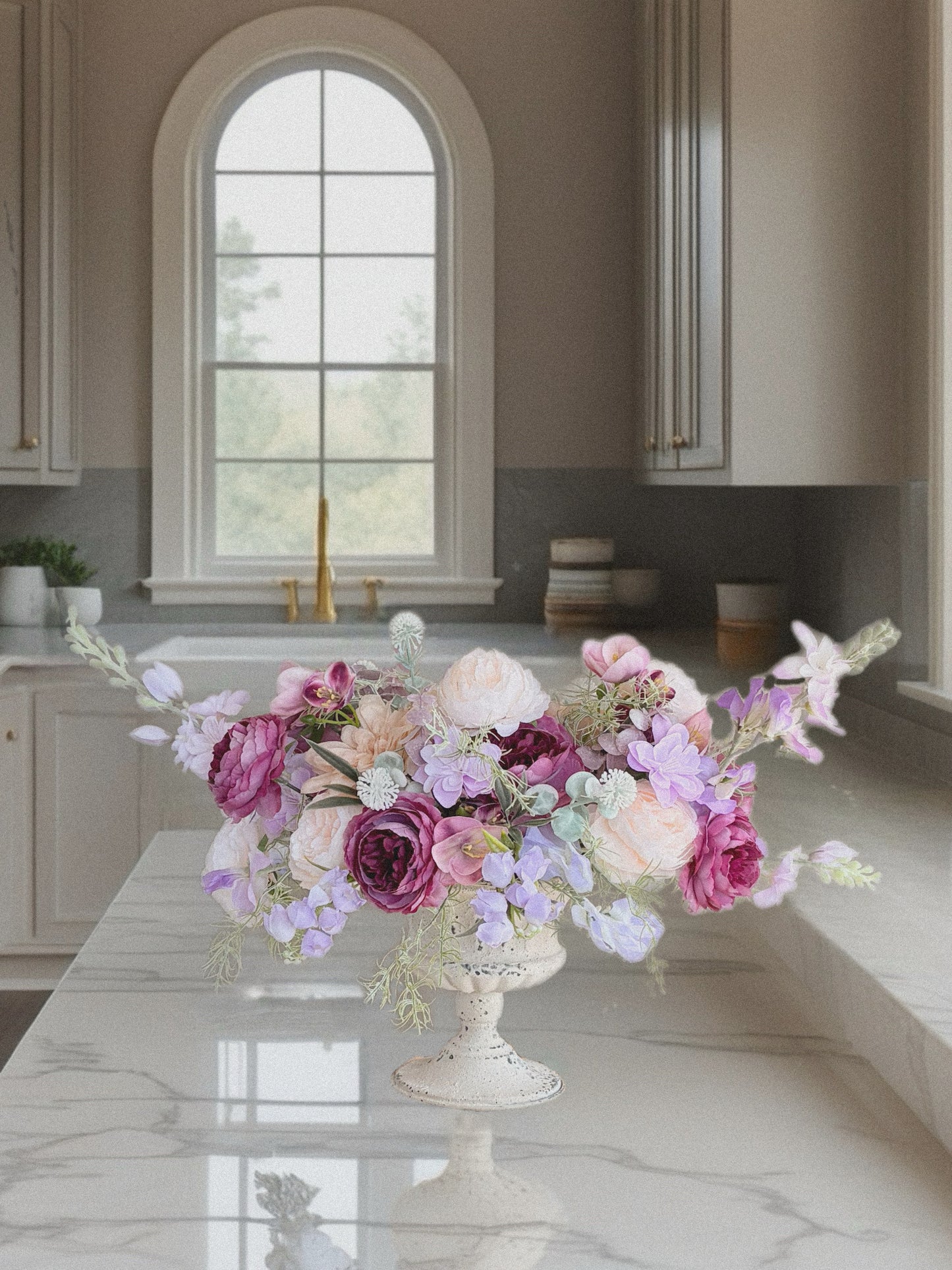 Faux Floral Arrangement in Purple and Cream, Artificial Flower Centerpiece, Elegant Year-Round Table Decoration