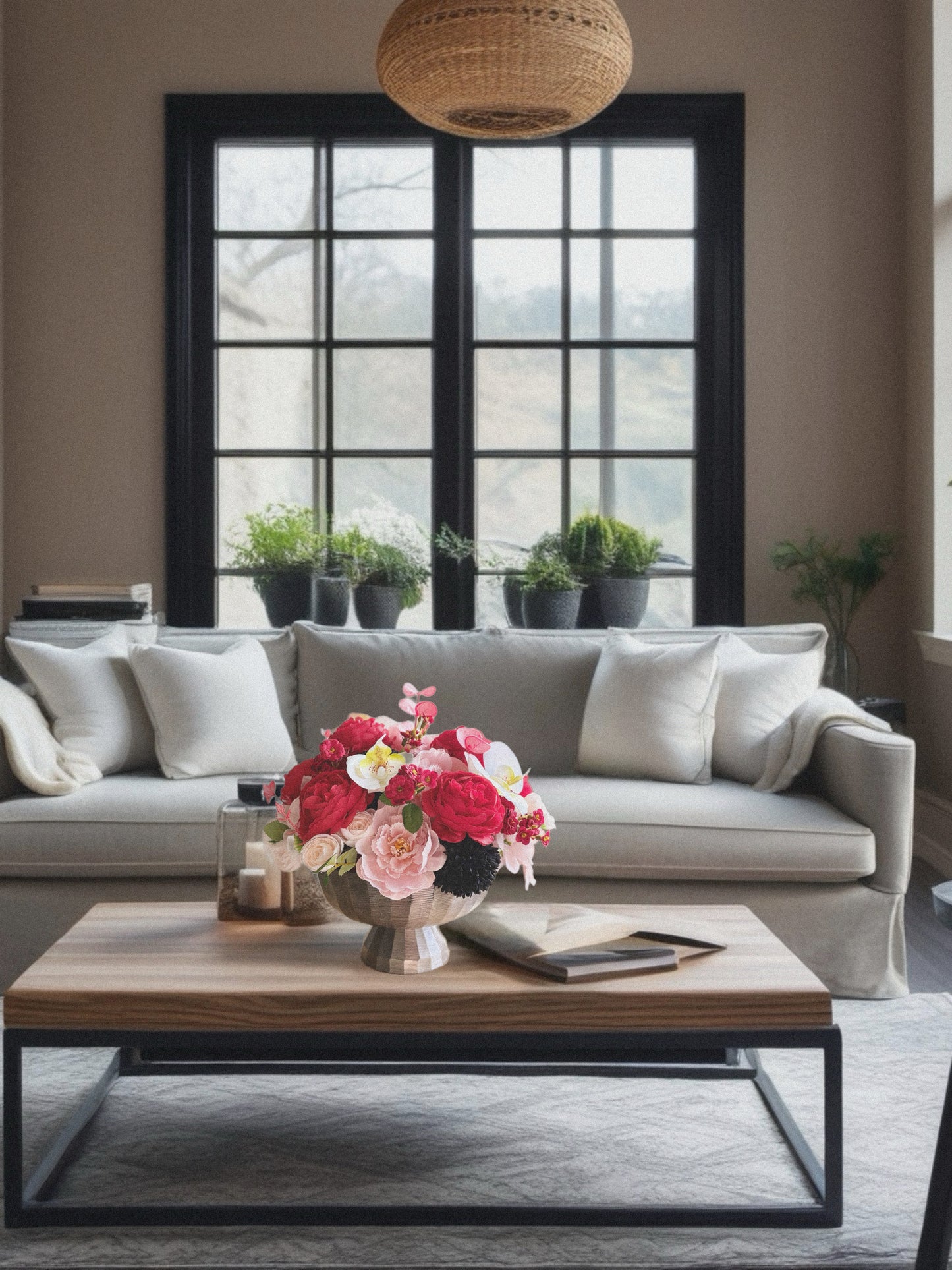 Living room with a gray sofa, wooden coffee table, and decorative elements.