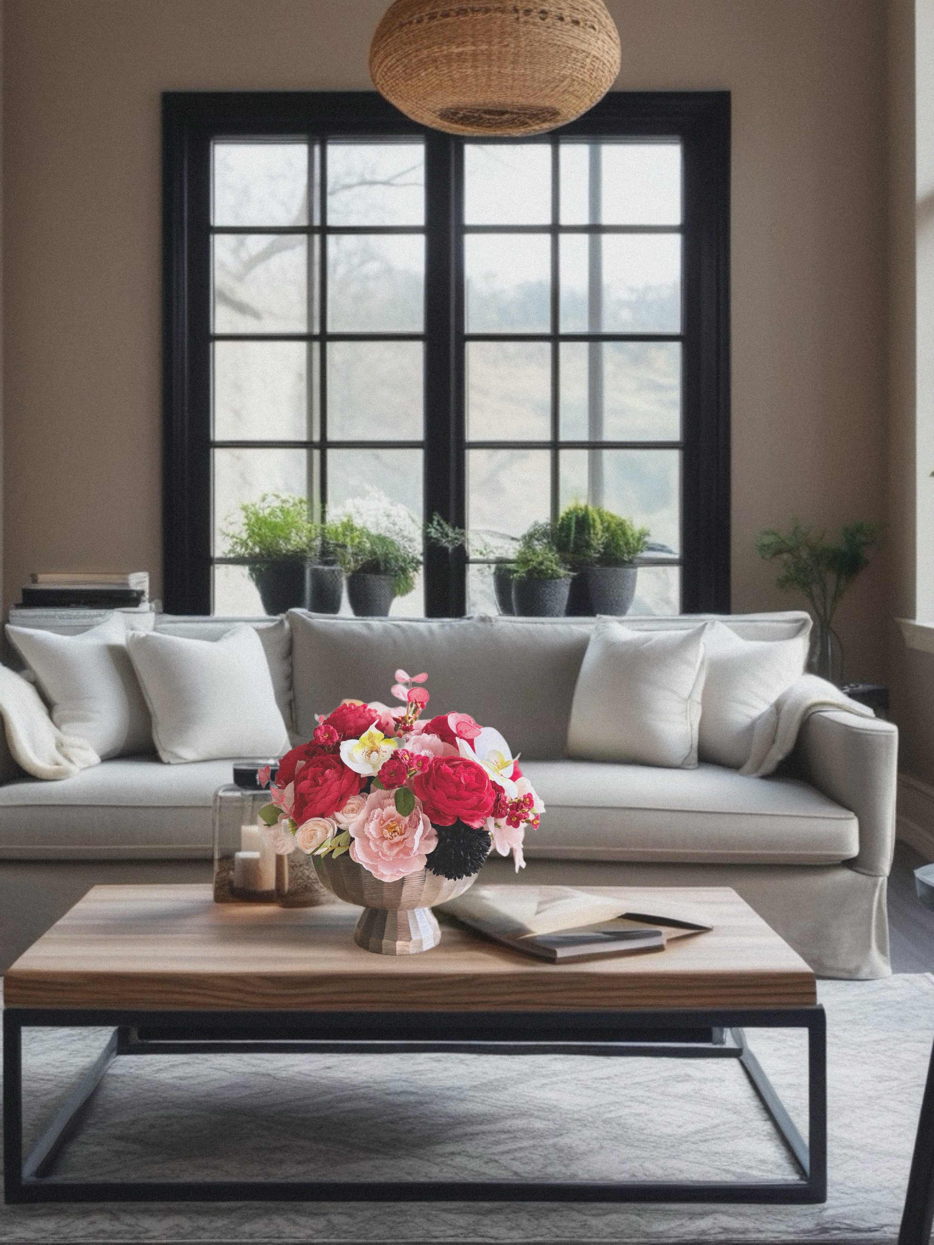 Living room with a gray sofa, wooden coffee table, and decorative elements.