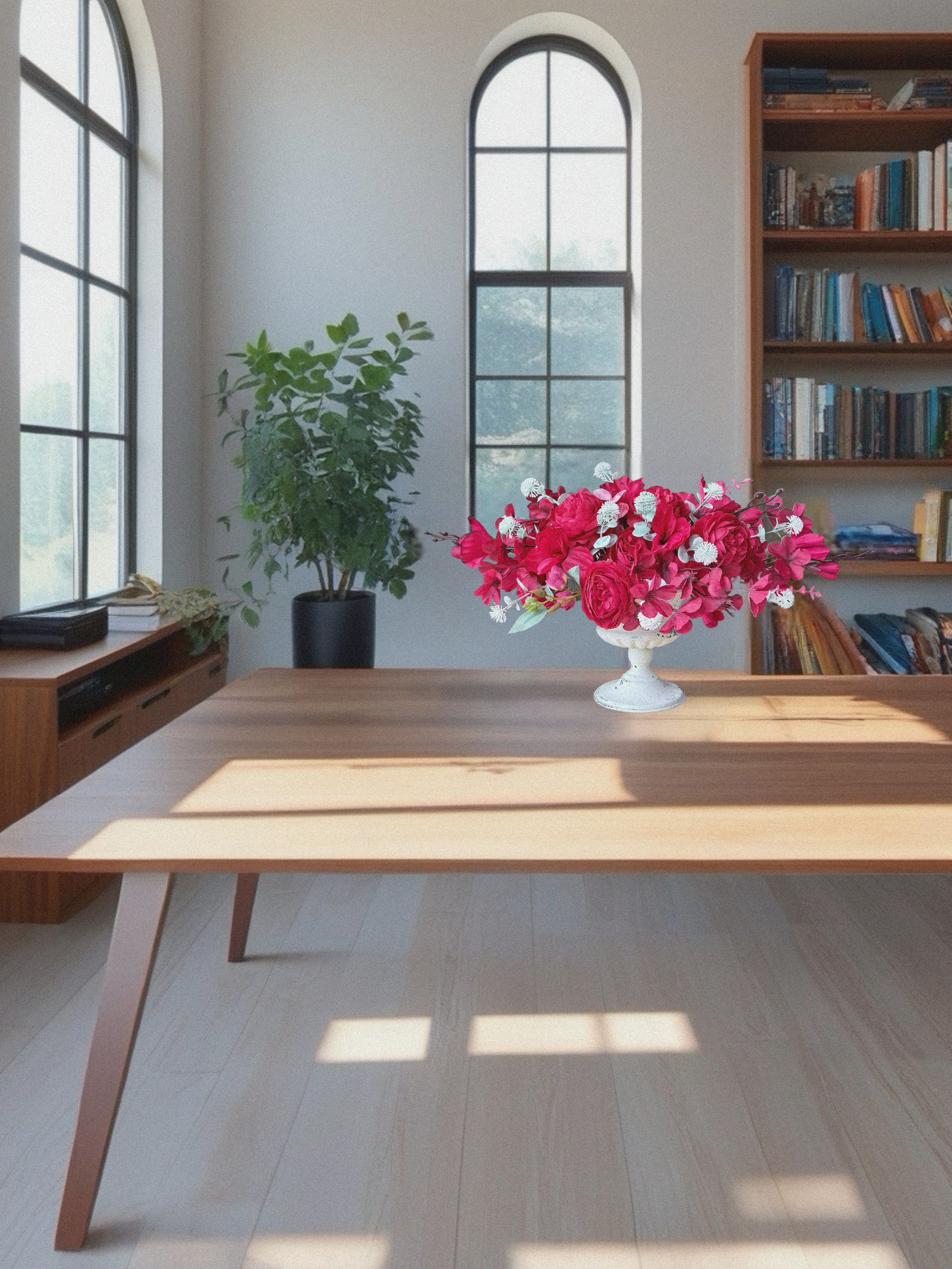 Modern interior with a wooden table, vase of flowers, and bookshelf.