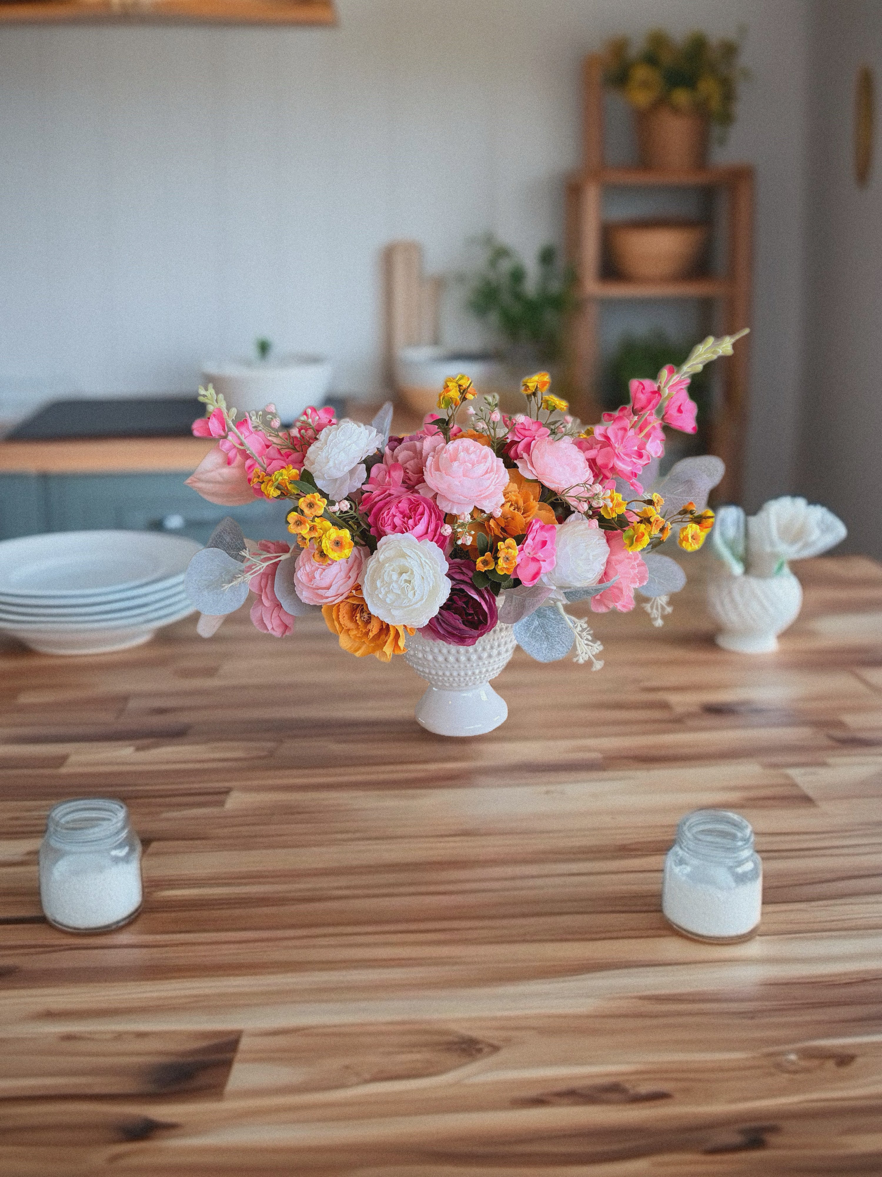 Bright Artificial Floral Arrangement with Pink, Orange and Yellow Flowers, Faux Flower Centerpiece, Year-Round Home and Table Decor
