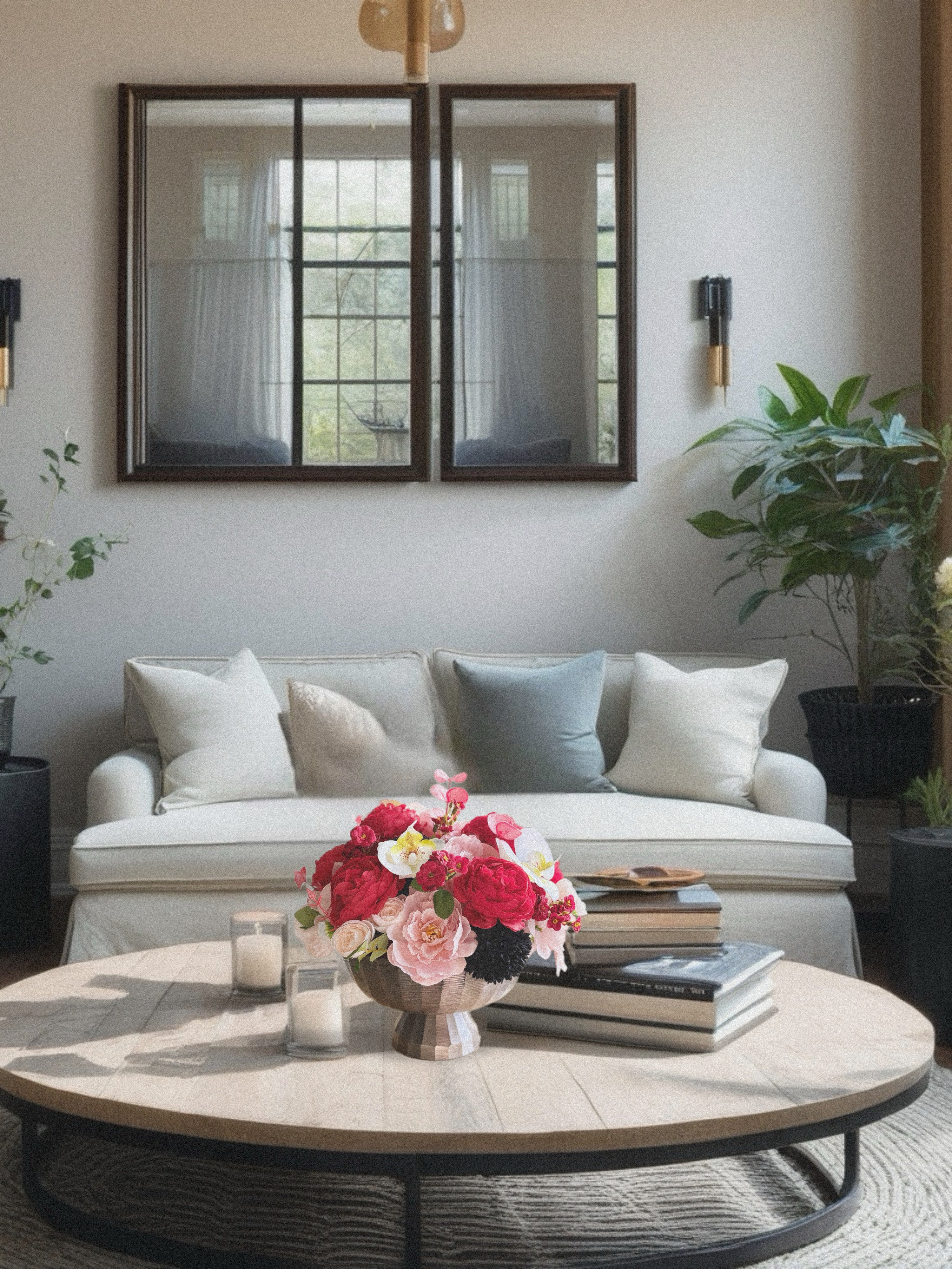 Living room with a white sofa, round wooden coffee table, and decorative elements.