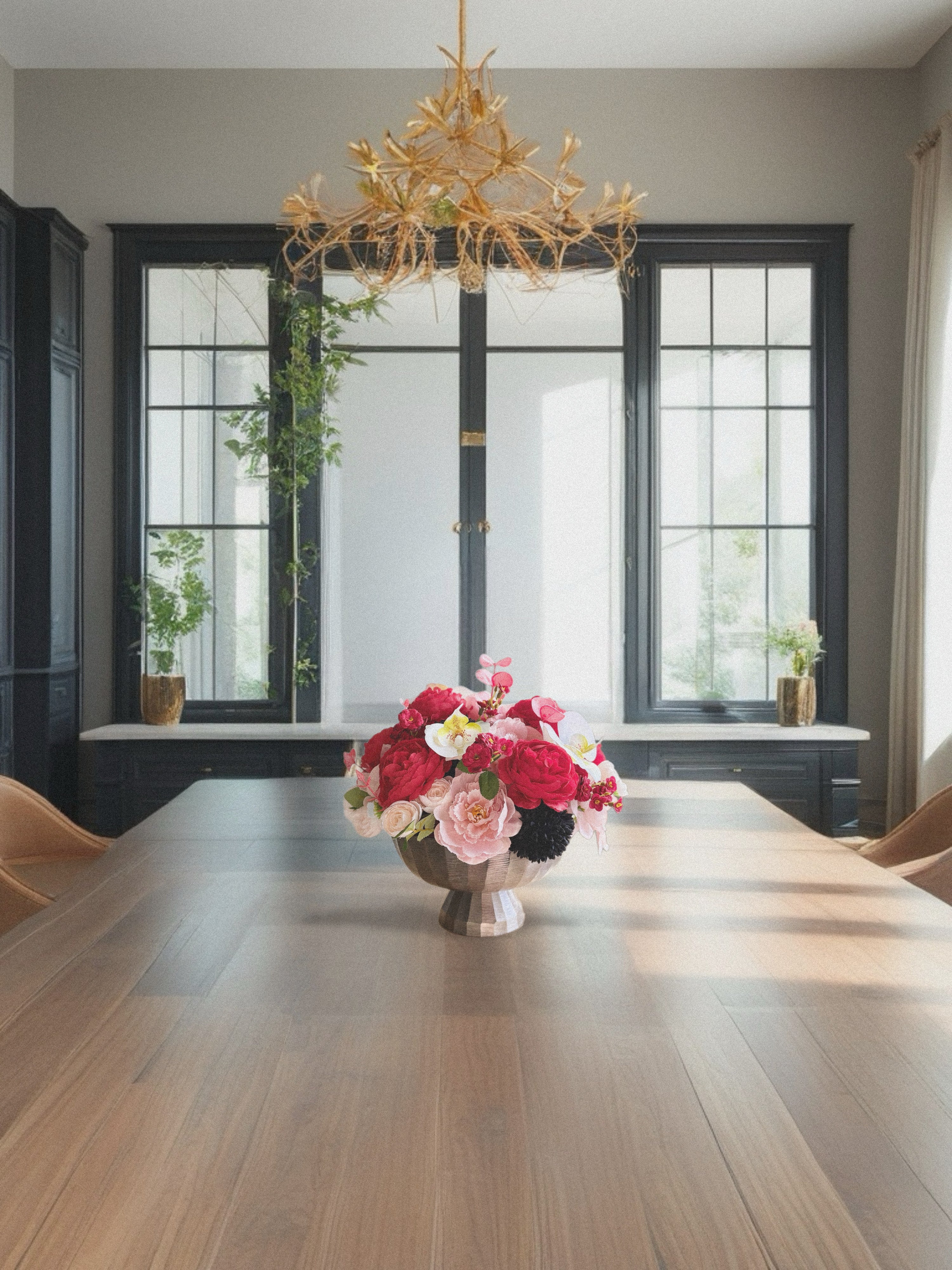 Dining room with a gold chandelier, wooden table, and floral centerpiece.