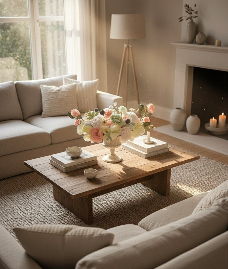 Faux Floral Centerpiece in Vase  Soft Green and Pink Arrangement