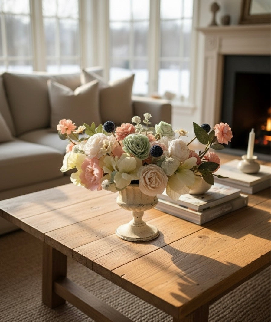 Faux Floral Centerpiece in Vase  Soft Green and Pink Arrangement