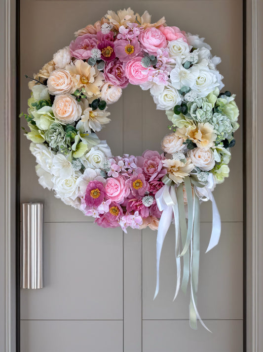 Floral wreath with pink, white, and green flowers on a door