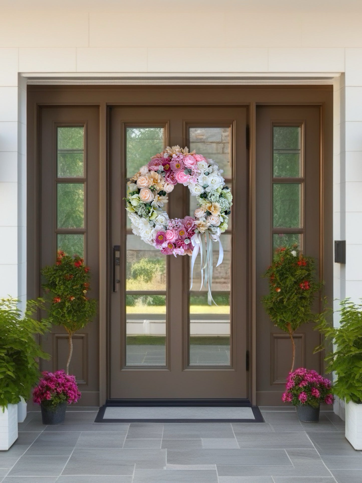 Decorative wreath on a brown front door with potted plants on either side.
