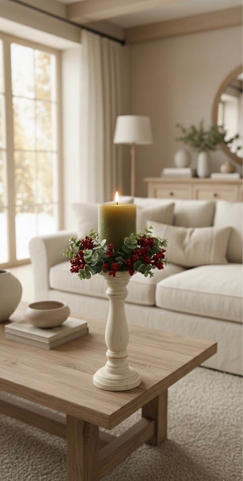 Living room with a candle on a wooden table, surrounded by neutral decor.