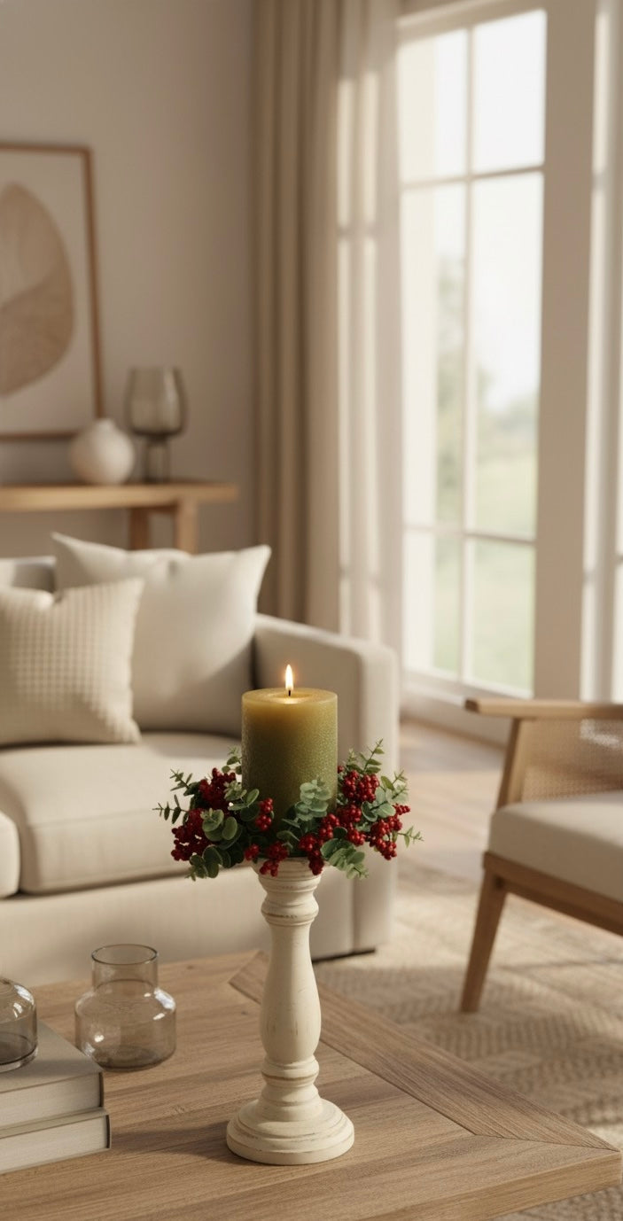 Decorative candle and floral arrangement on a table in a living room.