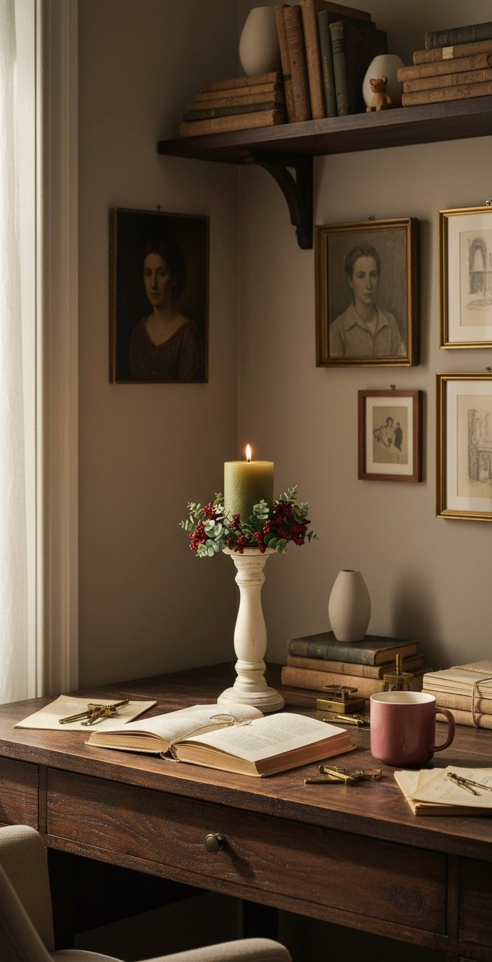 Vintage-style room with a desk, books, a candle, and framed pictures on the wall.