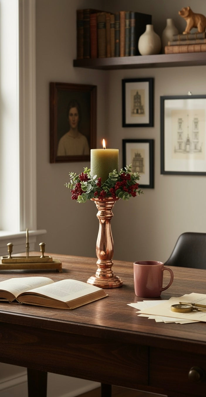 Decorative setup on a wooden table with a candle, mug, and books in a room.