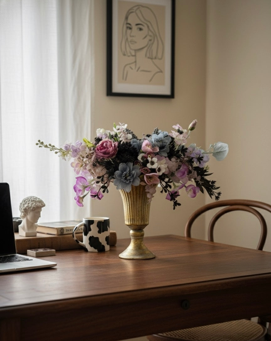 Elegant Faux Flower Arrangement in Gold Vase – Luxury Centerpiece with Purple, Blue, and Pink Blooms for Home or Wedding Décor