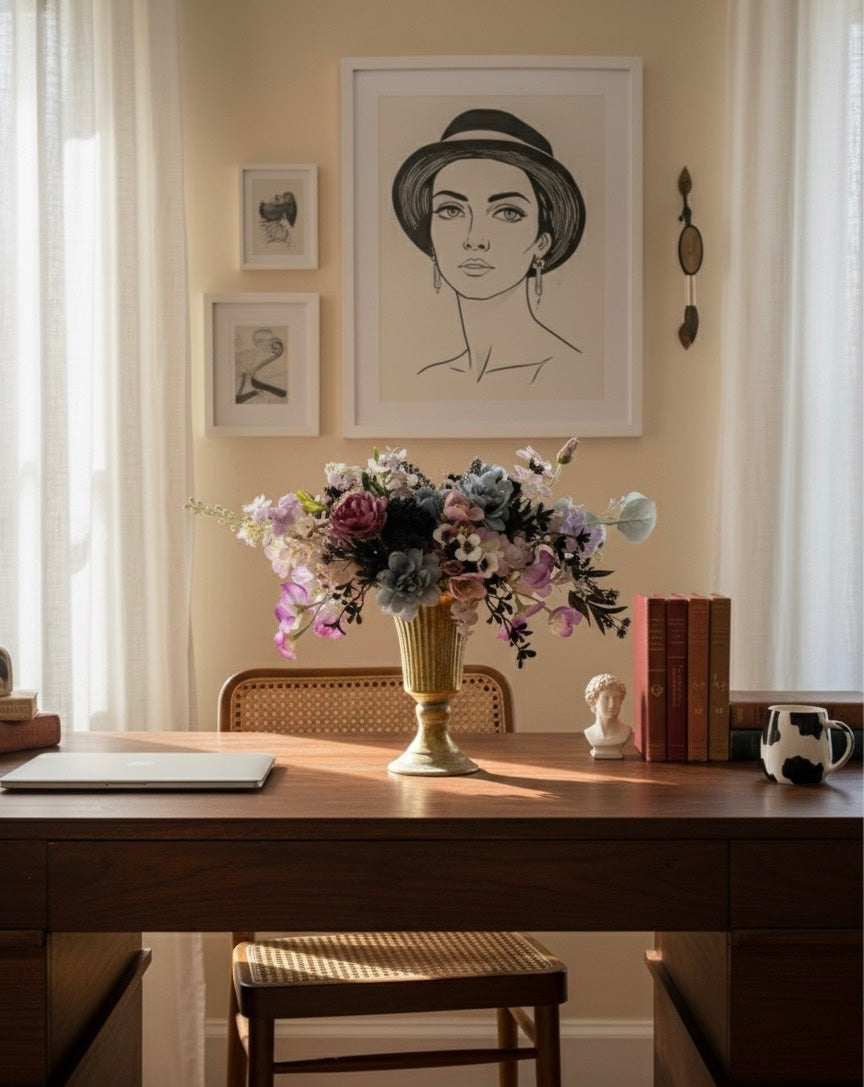 Elegant Faux Flower Arrangement in Gold Vase – Luxury Centerpiece with Purple, Blue, and Pink Blooms for Home or Wedding Décor