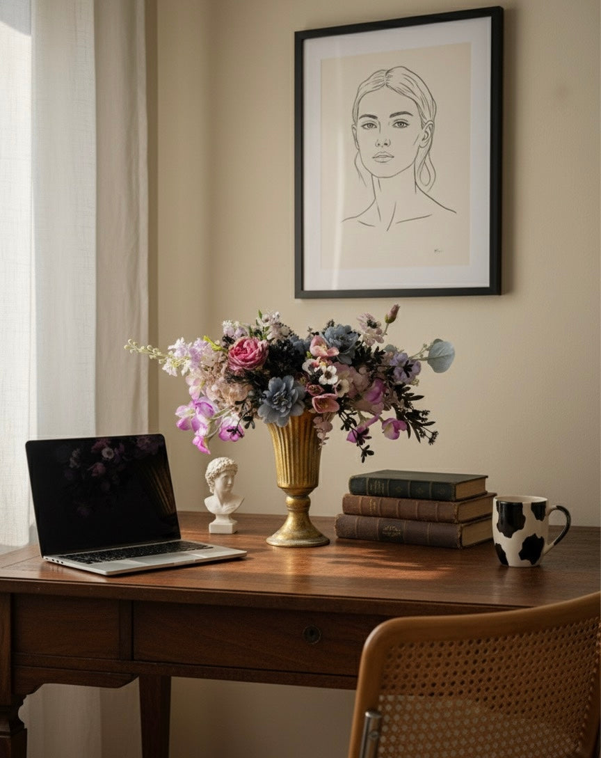 Elegant Faux Flower Arrangement in Gold Vase – Luxury Centerpiece with Purple, Blue, and Pink Blooms for Home or Wedding Décor