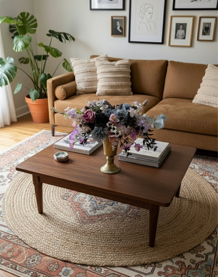 Elegant Faux Flower Arrangement in Gold Vase – Luxury Centerpiece with Purple, Blue, and Pink Blooms for Home or Wedding Décor