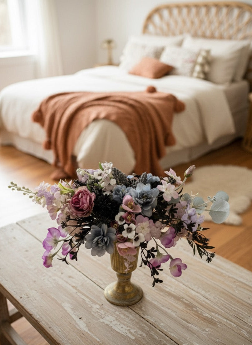 Elegant Faux Flower Arrangement in Gold Vase – Luxury Centerpiece with Purple, Blue, and Pink Blooms for Home or Wedding Décor