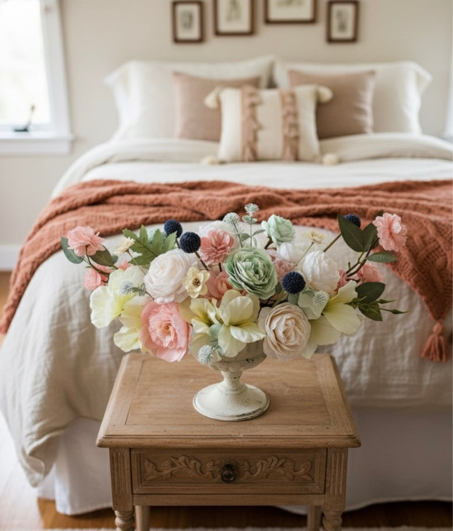 Floral arrangement on a wooden side table in a bedroom with a bed and pink blanket in the background.