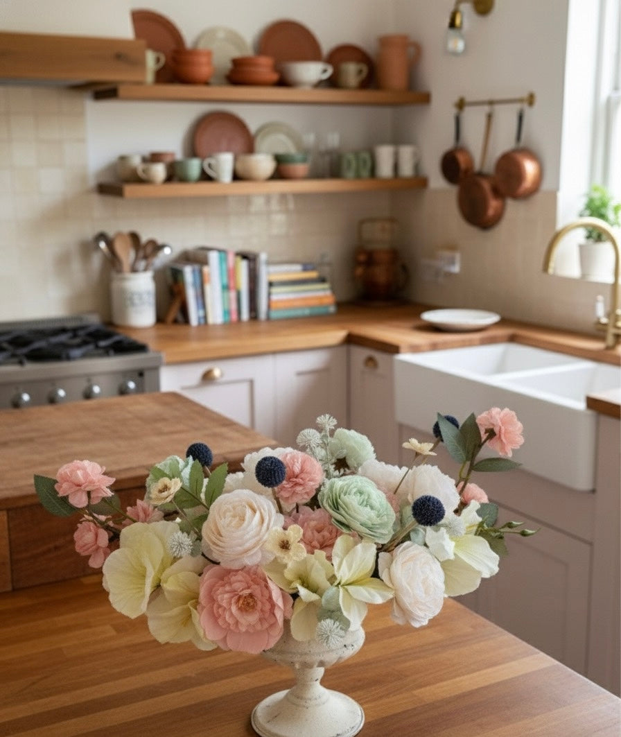 Kitchen with wooden shelves, copper pots, and a vase of flowers on a counter.