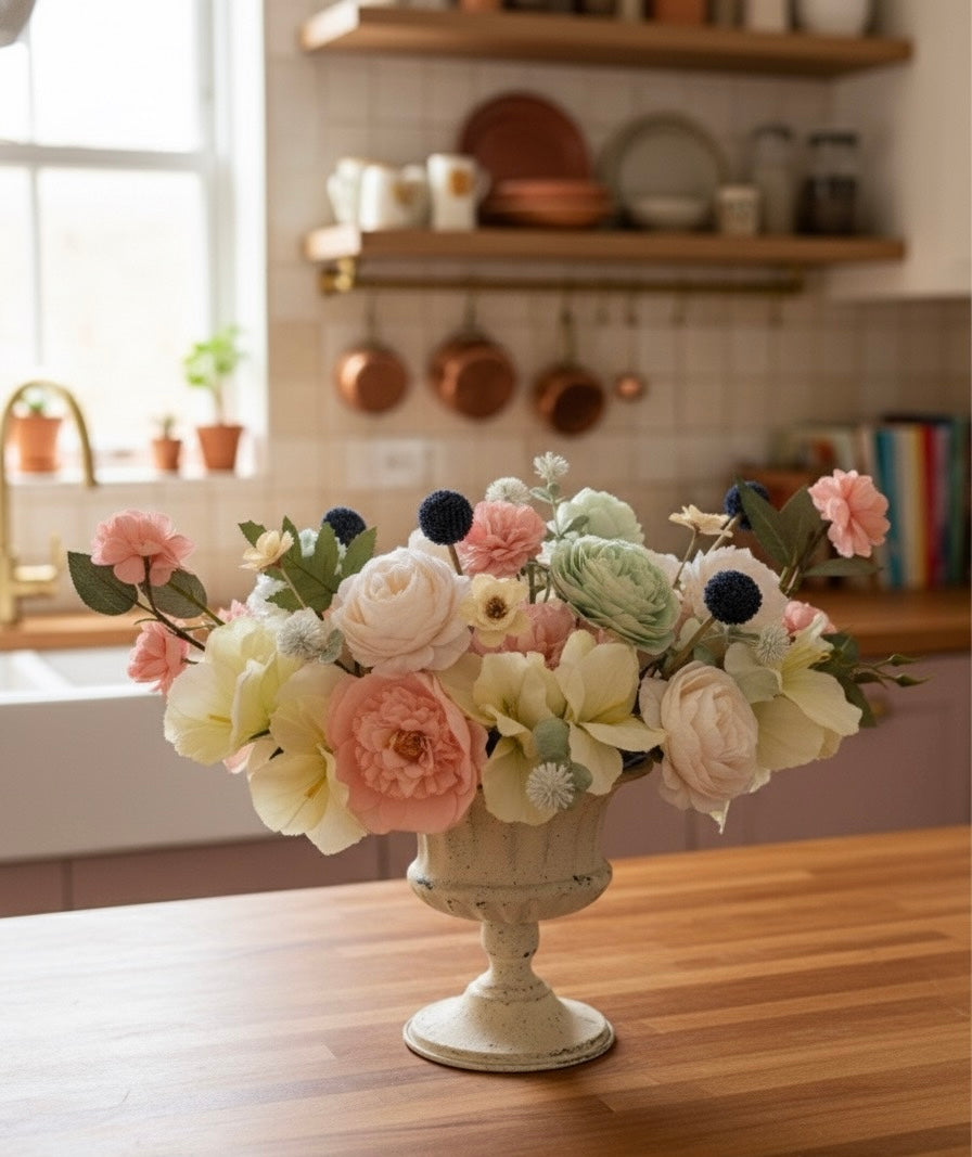 Floral arrangement in a decorative vase on a kitchen counter with shelves in the background.