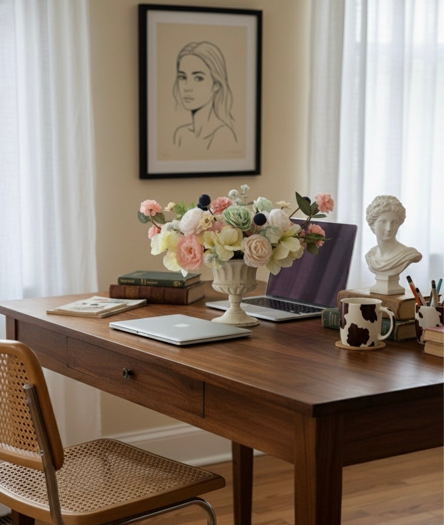 Home office with wooden desk, laptop, flowers, and decorative items.