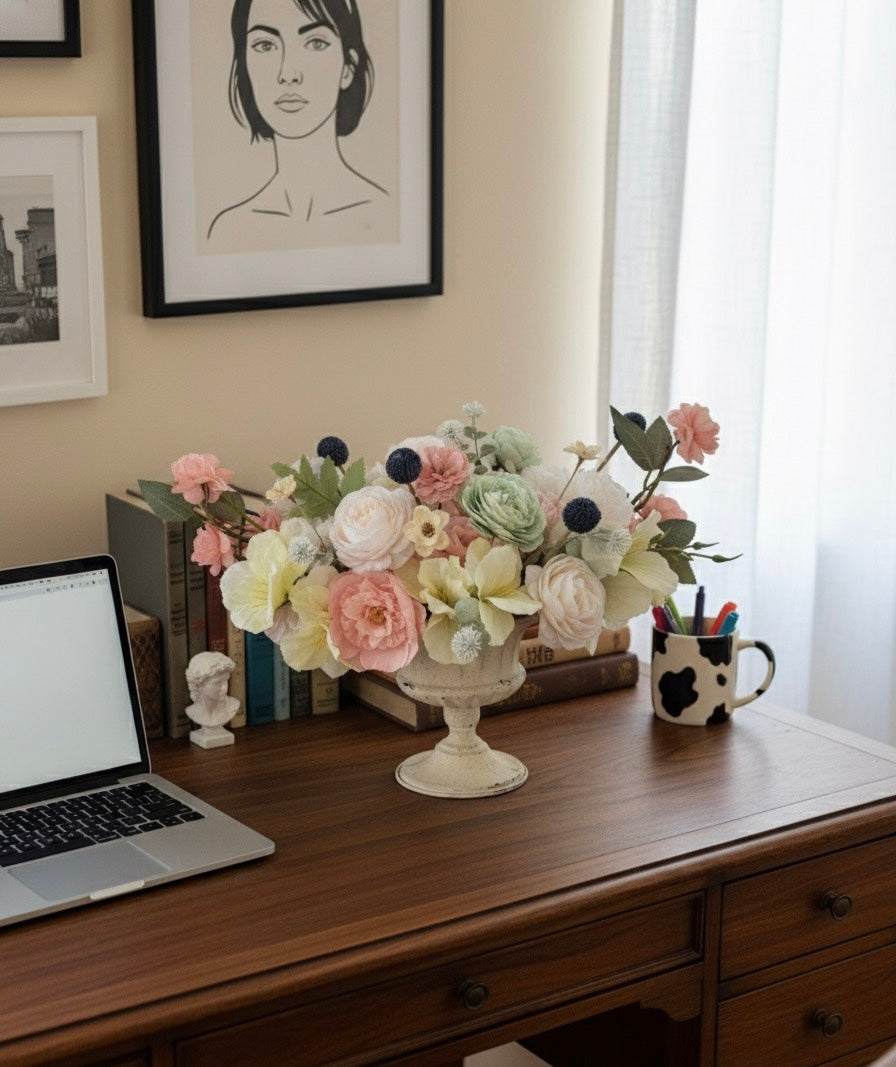 Floral arrangement on a desk with a laptop and mug in a home office setting