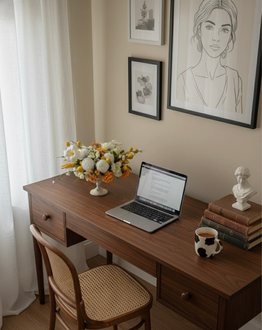 Home office with wooden desk, laptop, mug, and decorative items.