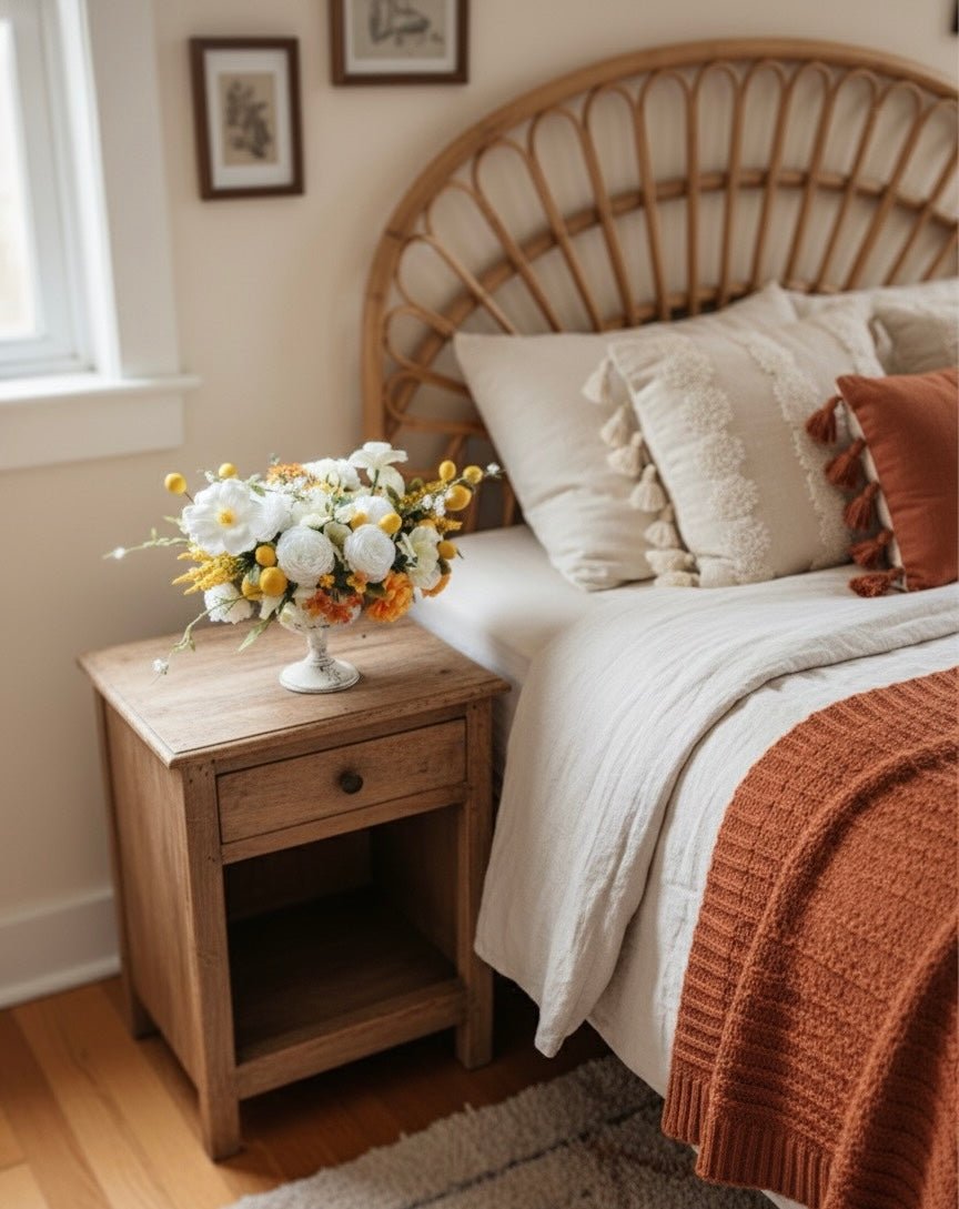 Bedroom with wooden nightstand, floral arrangement, and wicker headboard.