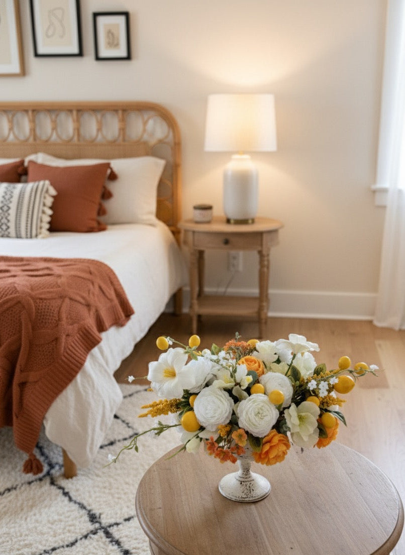 Decorative floral arrangement on a wooden side table in a bedroom.