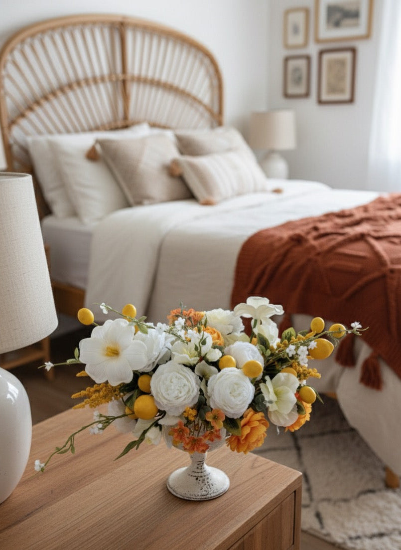 Floral arrangement on a wooden side table in a bedroom with a bed and lamps in the background.