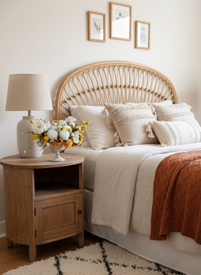 Bedroom with wicker headboard, wooden nightstand, and floral arrangement.