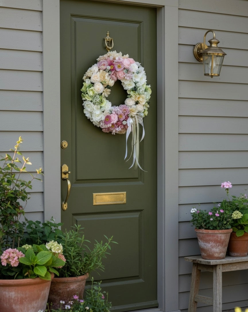 Floral wreath on a green door with potted plants around