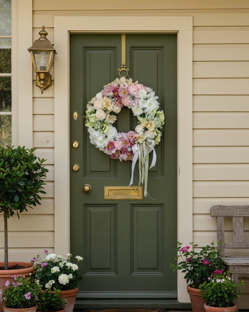 FAUX Floral Wreath with Pastel Roses and Peonies, Spring Summer Door Decoration