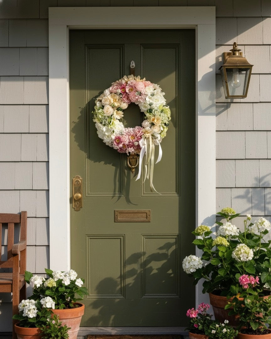 Green front door with a floral wreath, potted plants, and a bench on a gray house exterior.