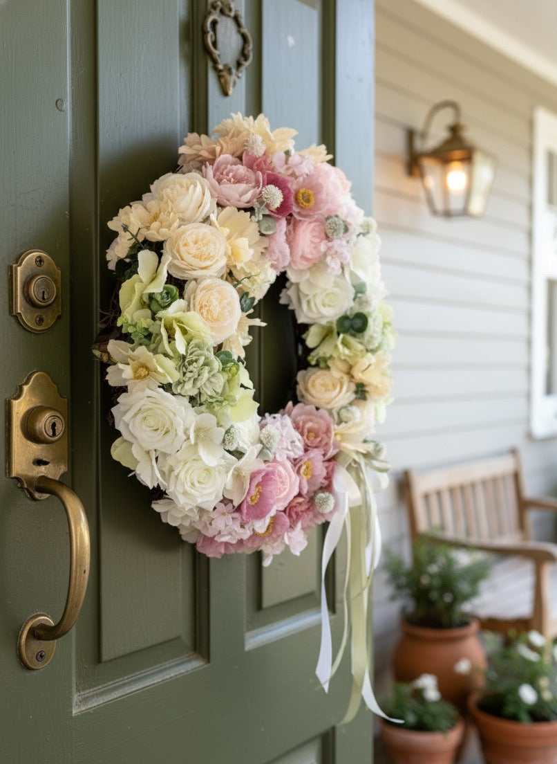 Floral wreath on a green door with potted plants in the background