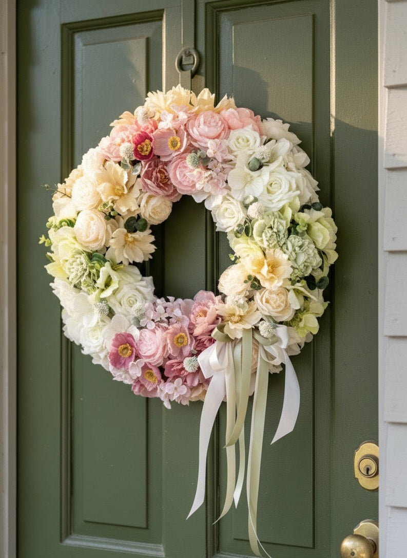 Floral wreath on a green door with decorative ribbons