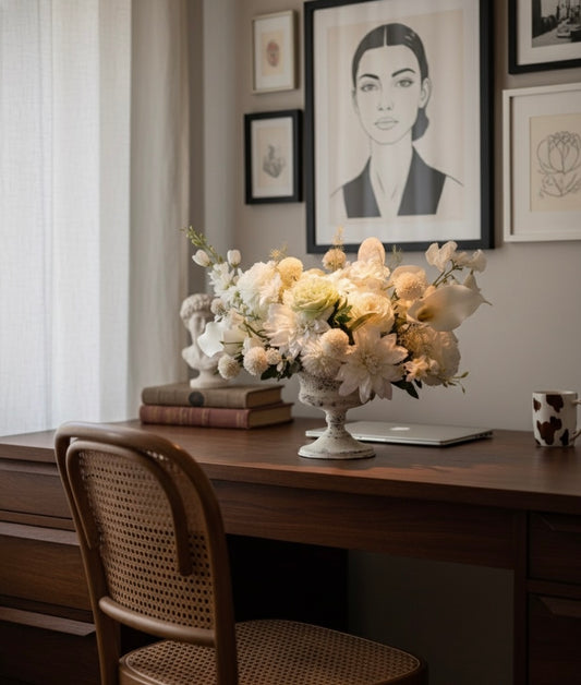 Decorative floral arrangement on a wooden desk with a chair and framed artwork in the background.