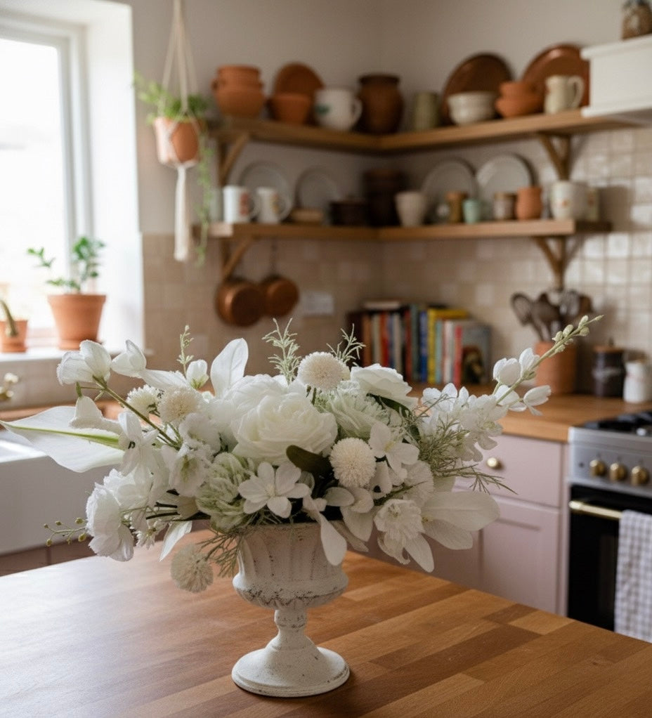 Centrepiece white artificial flower arrangement for table decor – Elegant neutral centerpiece in classic vase – Faux floral arrangement for home or event