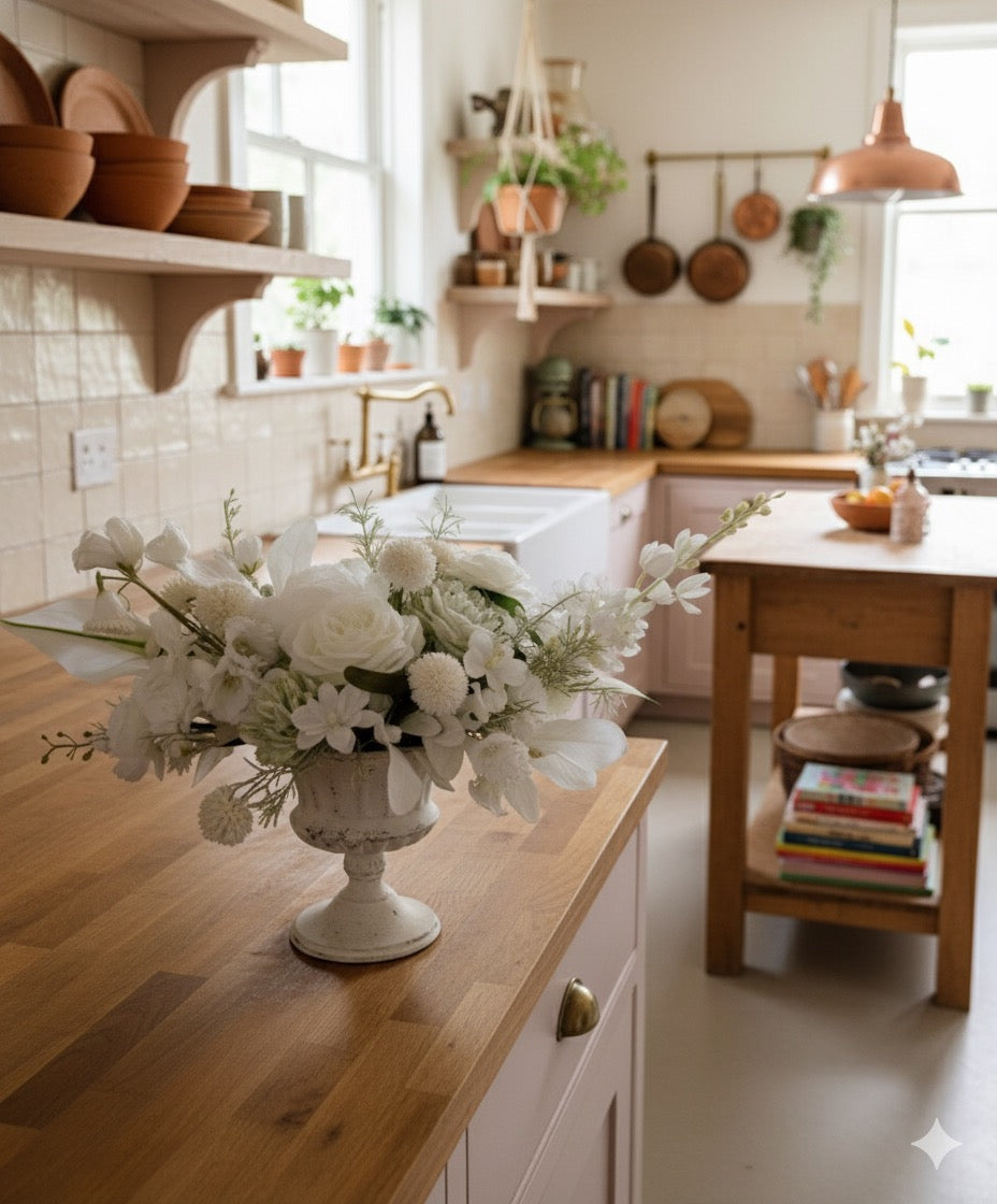 Centrepiece white artificial flower arrangement for table decor – Elegant neutral centerpiece in classic vase – Faux floral arrangement for home or event