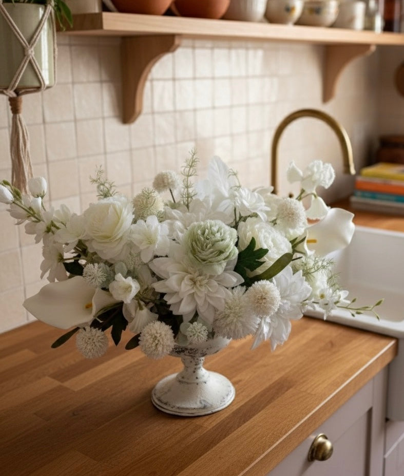 Centrepiece white artificial flower arrangement for table decor – Elegant neutral centerpiece in classic vase – Faux floral arrangement for home or event