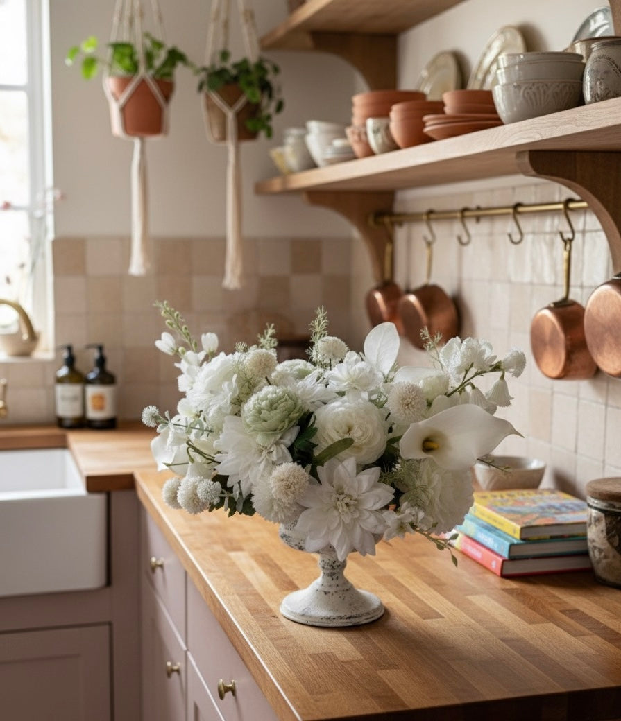 Centrepiece white artificial flower arrangement for table decor – Elegant neutral centerpiece in classic vase – Faux floral arrangement for home or event