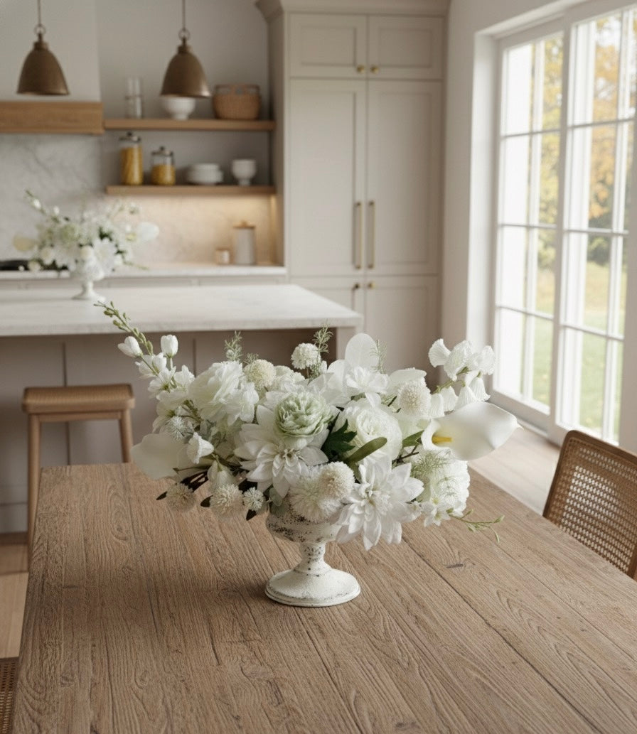 Centrepiece white artificial flower arrangement for table decor – Elegant neutral centerpiece in classic vase – Faux floral arrangement for home or event
