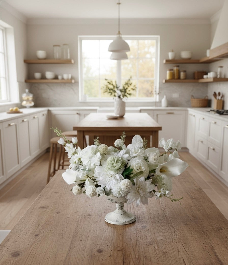 Centrepiece white artificial flower arrangement for table decor – Elegant neutral centerpiece in classic vase – Faux floral arrangement for home or event