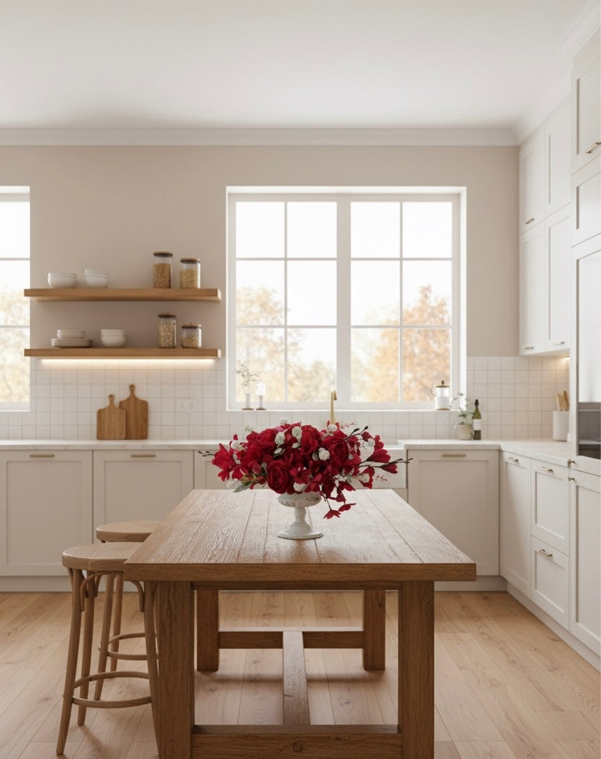 Elegant Red Faux  Flower Arrangement in Classic Vase