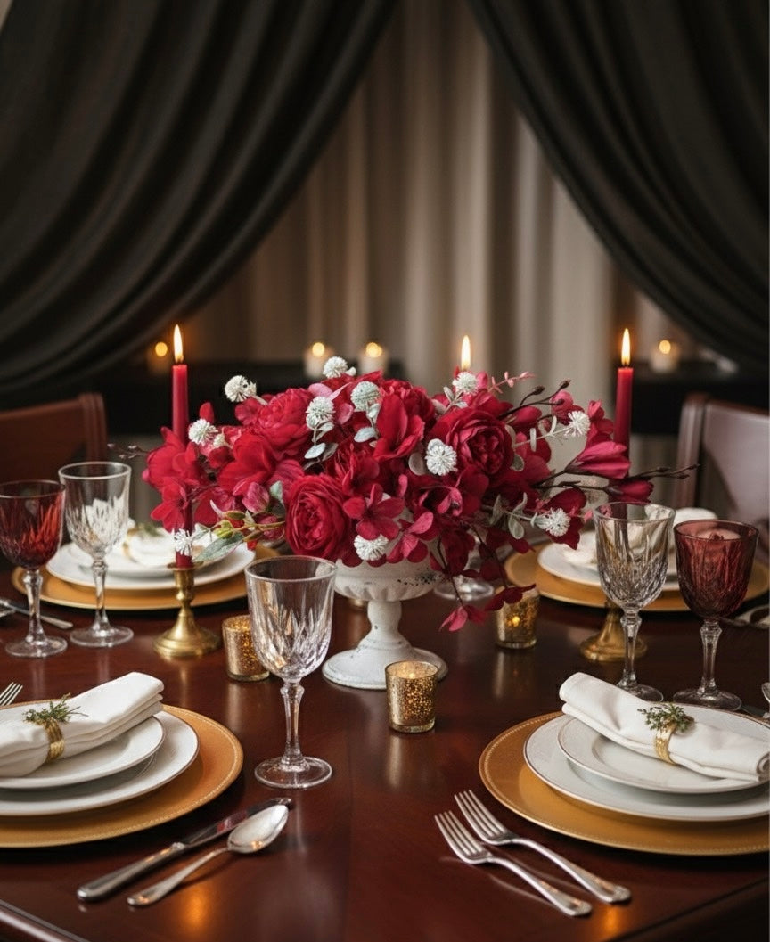 Elegant Red Faux  Flower Arrangement in Classic Vase