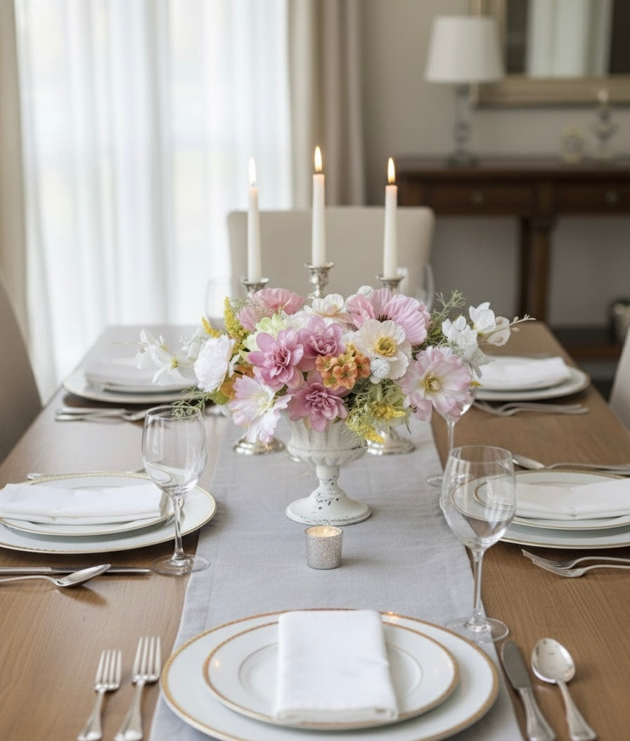 Pastel Faux Flower Arrangement in Classic Vase – Elegant Centerpiece with Pink, White, and Yellow Blooms for Home or Wedding Décor