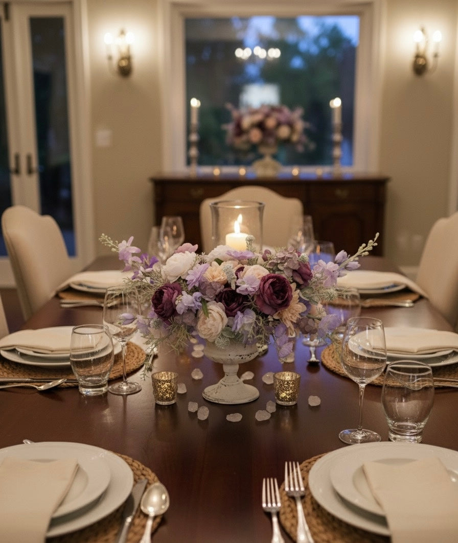 Dining table set for a meal with floral centerpiece, candles, and place settings.