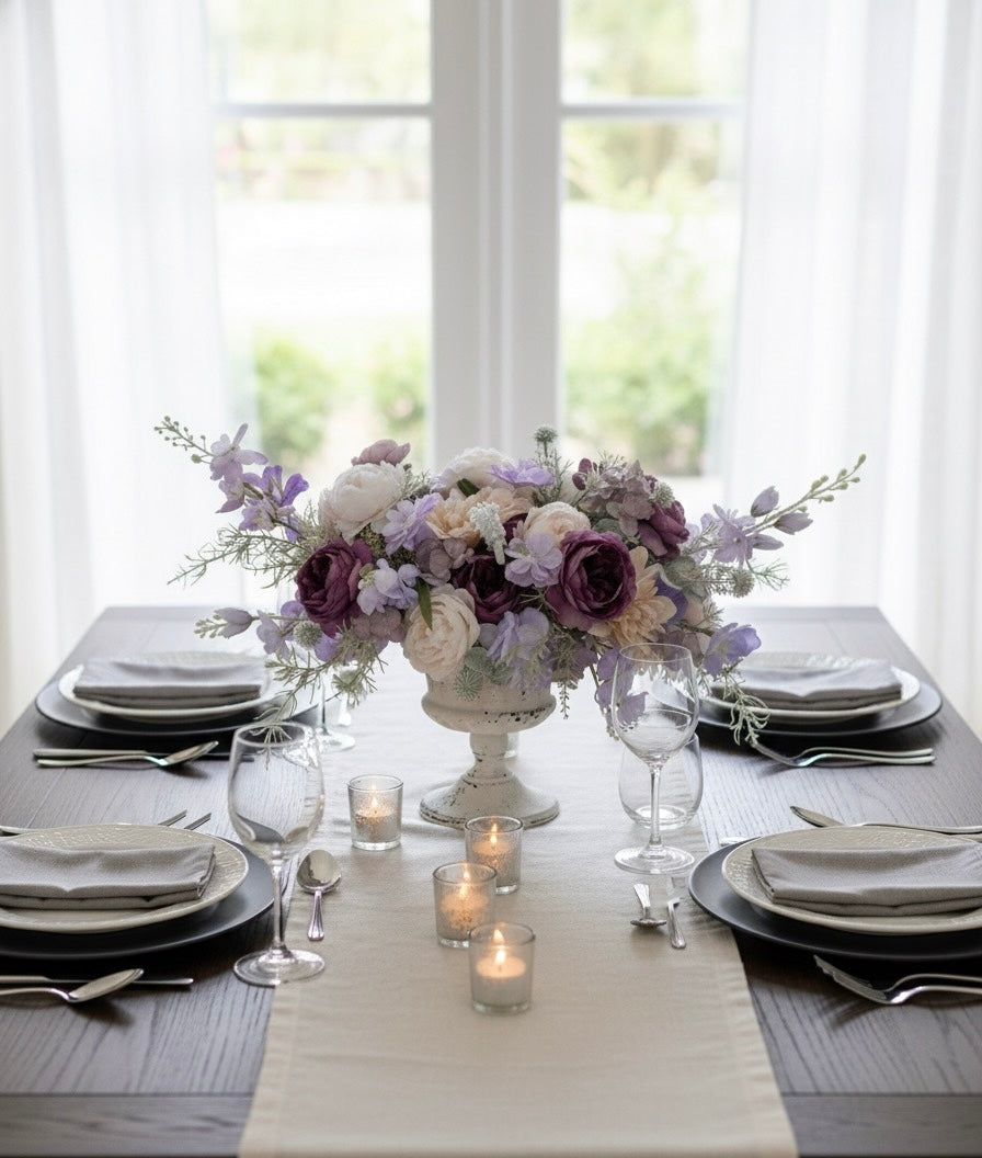 Elegant table setting with floral centerpiece and candles in a bright room.