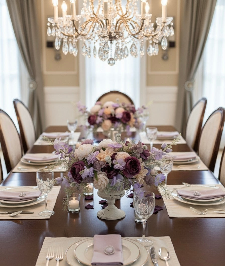 Elegant dining table setting with floral centerpieces and crystal chandelier.